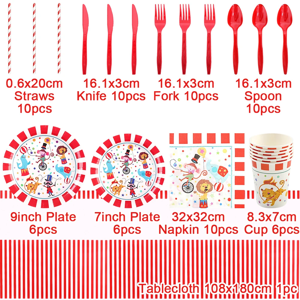 Description Picture 3 of itemCircus Carnival Party Supplies Disposable Tableware Plates Cups Striped Animals Party Kids Birthday Decorations Baby Shower Gift