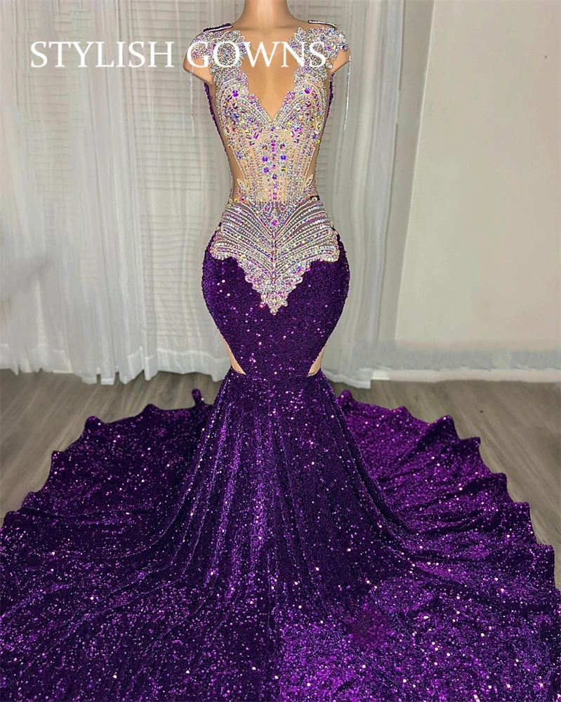 

Purple Sheer O Neck Long Prom Dress For Black Girls Beaded Crystal Rhinestone Birthday Party Gowns Sequined Evening Dresses