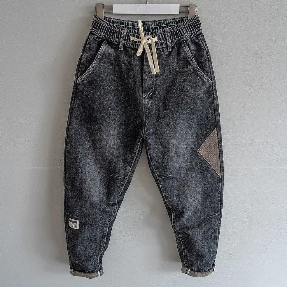 Loose Elastic Waist Denim Jeans Spring Autumn Spliced Harem Pants Men's Casual Pants 2024 Korean New Stretch Baggy Cargo Jeans 5