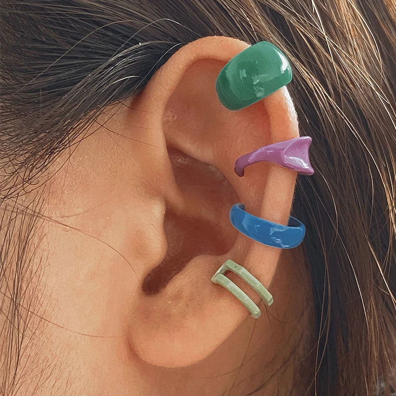 Ear Clip Earrings Colorful Enamel Clip for Women Men Geometric Fake Non-Piercing Ear Cuff Cartilage Set Trend Jewelry Gift