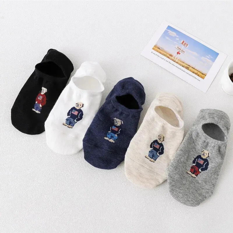 Bear Embroidered Cartoon Bear Boat Socks 5 Pairs Super Cute Bear Embroidered Cartoon Bear Boat Socks Soft Comfortable Sweat Wicking Versatile Short Socks