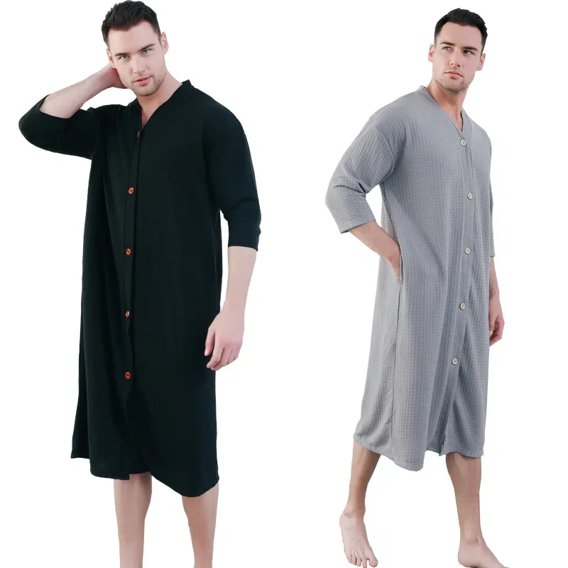 Women's Waffle Cardigan Bathrobe Absorbs Water Long Style Solid Color V-neck Pijama Mujer Multi Colors Couples' Bath Robes
