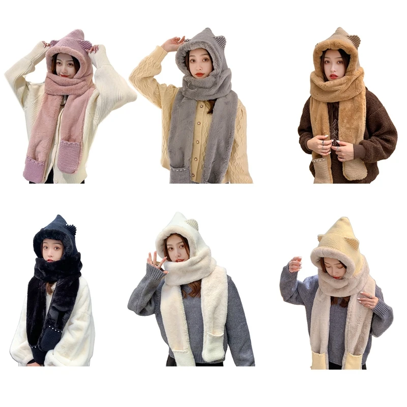 

Hooded Scarf Winter Fashion Hooded Scarf Hat Glove 3 in 1 Sets Women Winter Warm