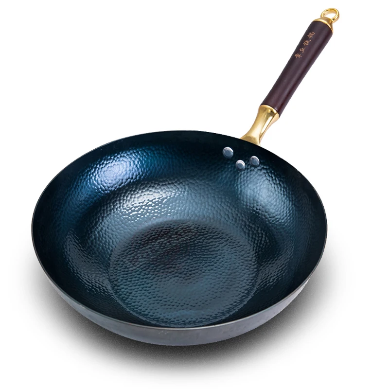 

30cm Pot,2mm Chinese Pan Cookware,frying Pan Iron Wooden Handle Wok,golden Kitchen Thickness,uncoated Hammered Traditional Wok