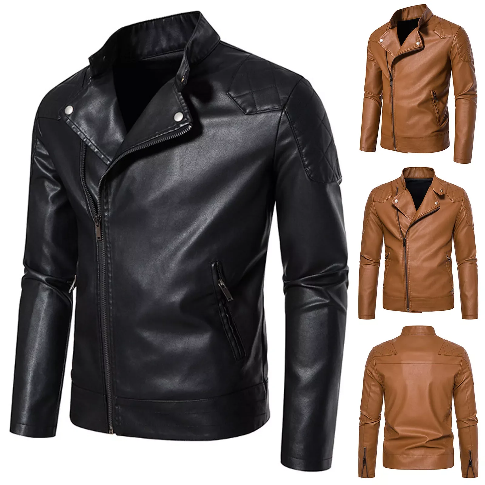 

Spring and Autumn Loose Solid Color Zip Pu Leather Jacket Short Lapel Motorcycle Leather Jacket Coat Jacket