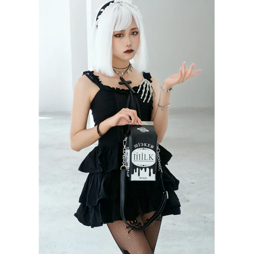 

Harajuku Milk Box Women Shoulder Bag Designer Black Handbags and Purses Punk Chain Funny Purse for Women 2023 Crossbody Bags Ins