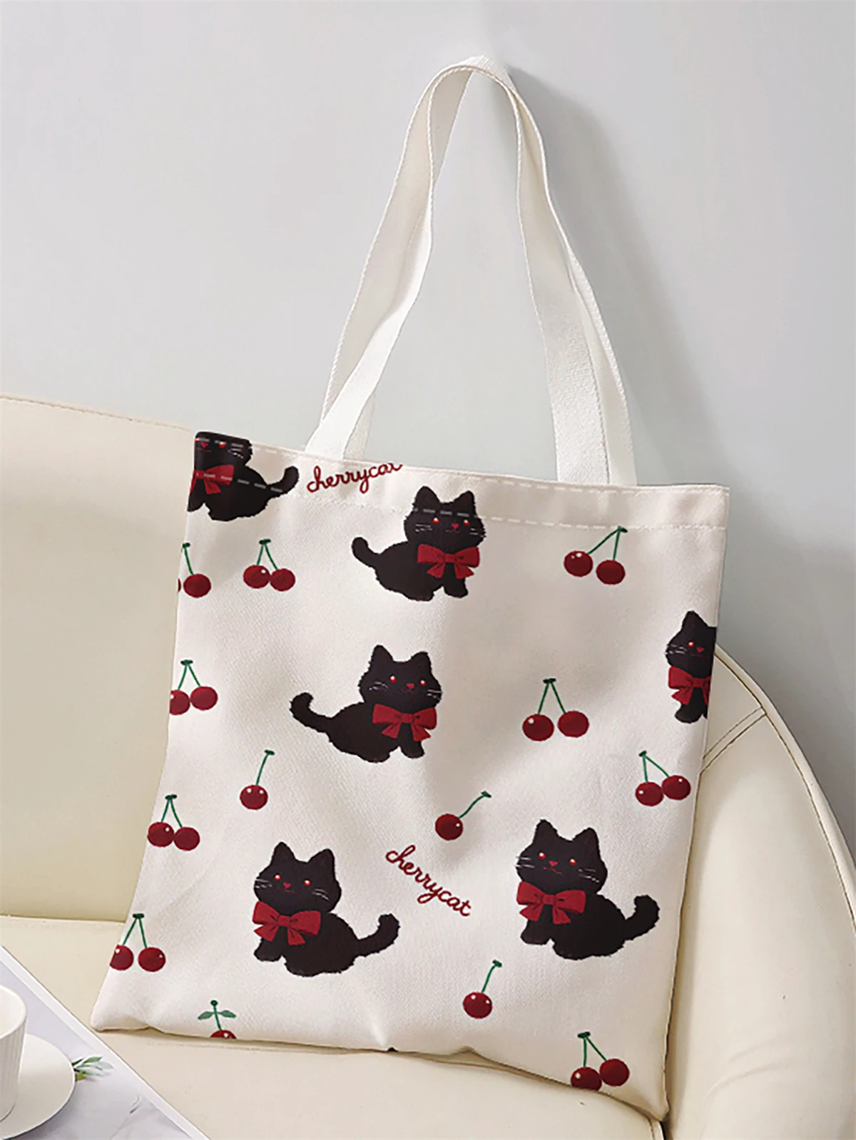 Cat and cherry printed casual handbag, reusable fashionable backpack, multifunctional handbag, canvas shopping bag