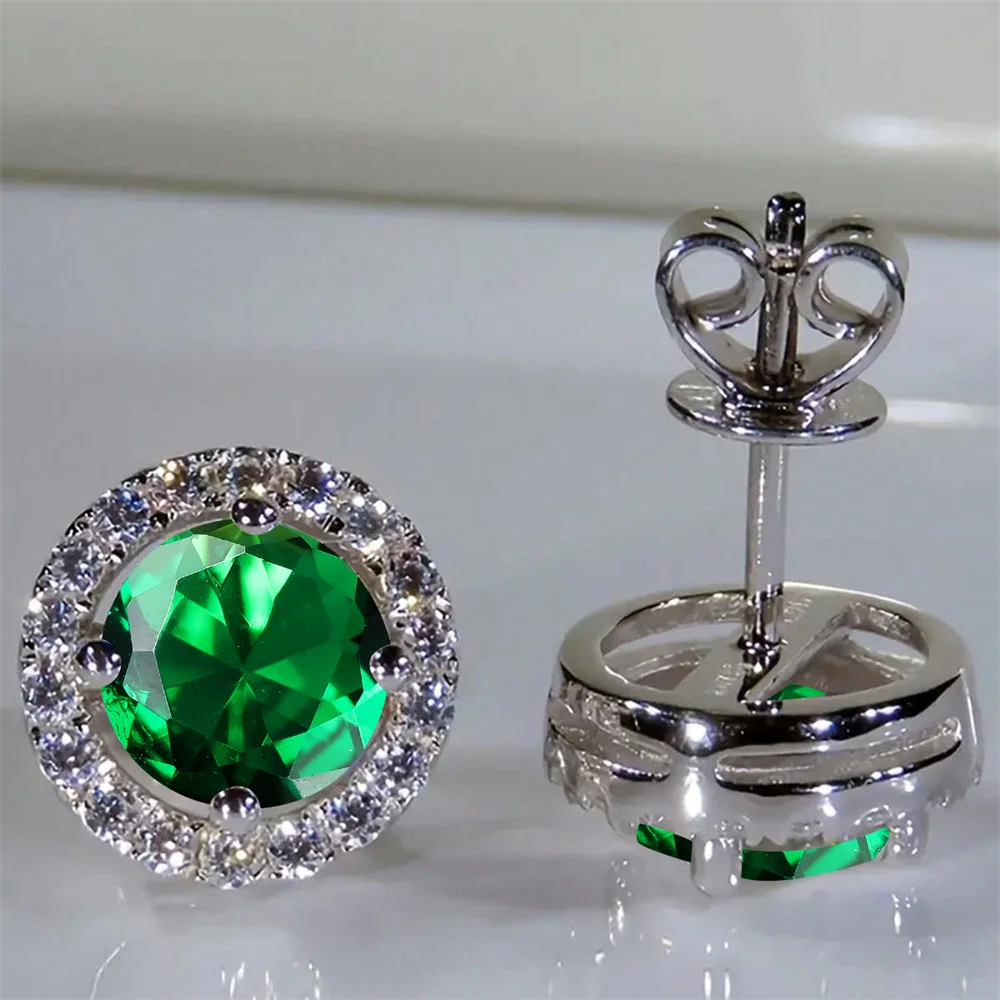 Classic Four Claw Round Stone Earring Rainbow Crystal Multicolor Zircon Studs Earrings For Women Silver Color Engagement Jewelry