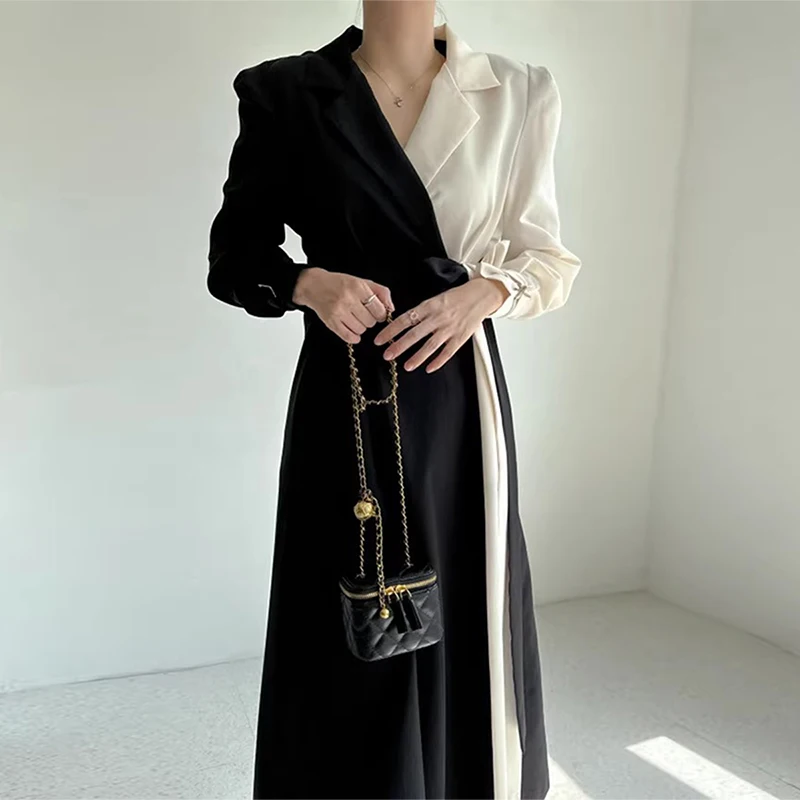 

SuperAen 2024 Korean Chic Spring Niche Design Suit Collar High Waist Color Blocking Long Sleeved Dress