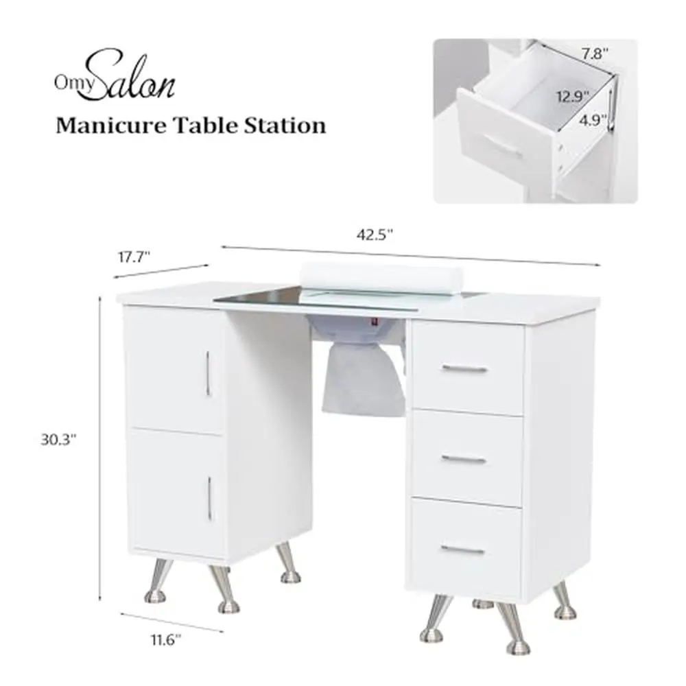 Nail Desk with Glass Top & Dust Collector Salon Workstation Storage Beauty Table Ergonomic Design Multi-use Manicure Desk
