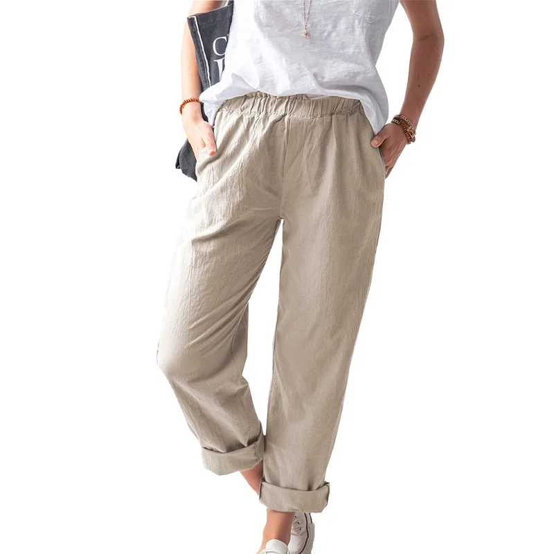 

Women's Cotton Linen Pants Elastic Waist Ankle LengthThin Summer Straight Loose Casual Office Khaki Pants Casual Trousers