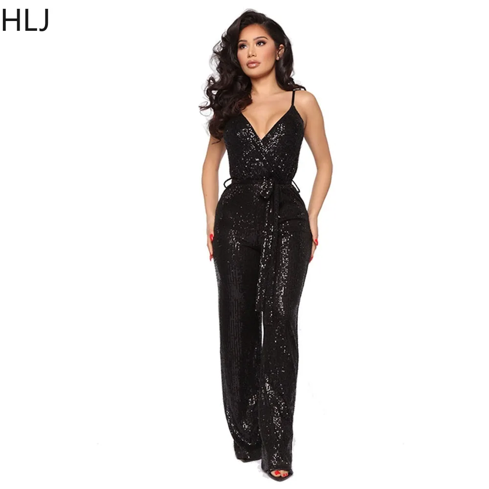 HLJ Fashion Sequin Lace Up Thin Strap Jumpsuits Women V Neck Sleeveless Backless Slim Party Club Playsuit Lady Sparkling Overall