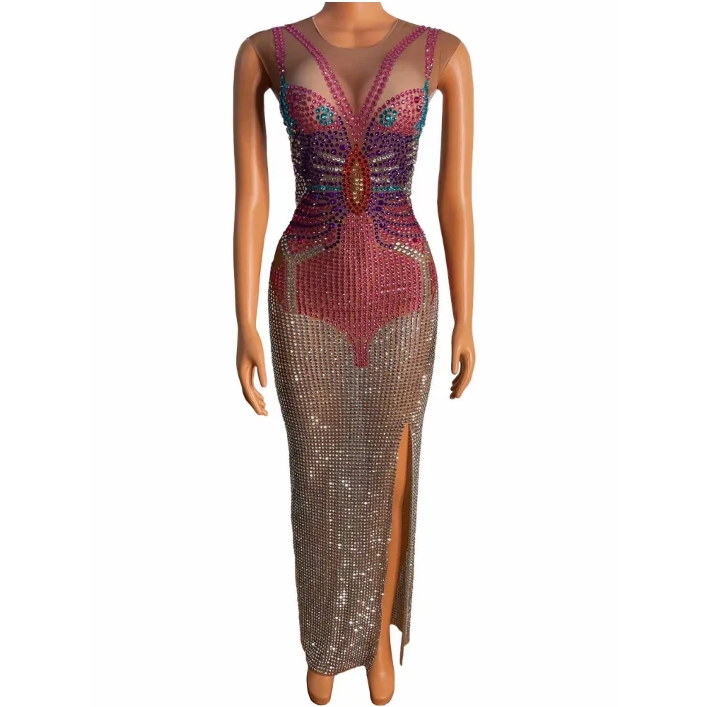

Sleeveless Shining Butterfly Rhinestones Sexy Long Split Dress For Women Evening Party Clothing Stage Singer Costumes Prom Wear