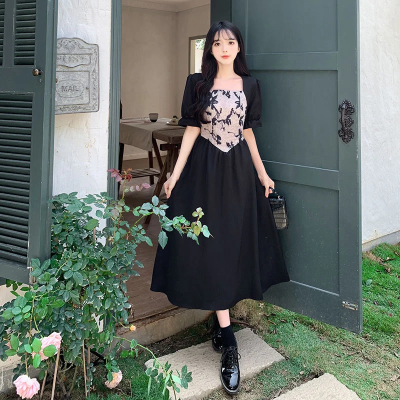 

Summer Spliced Floral Women Mid Calf Dresses Waist Wear Drawstring French Fashion Elegant Harajuku 2xl All-match Clothing Ladies