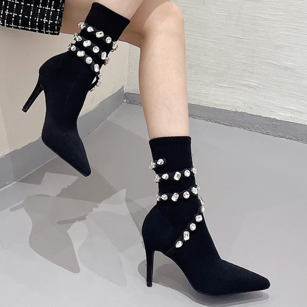 

RIBETRINI 2023 Brand New High Thin Heeled Sock Ankle Women Boots Flock Pointed Toed Rhinestone Autumn Winter Fashion Lady Shoes