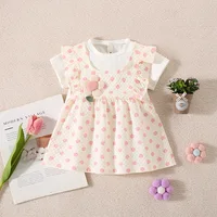 Baby Girl Pink Dress Flower Decoration Polka Dot Printed Short Sleeved Dress Girl Summer Casual Outing Clothing 1