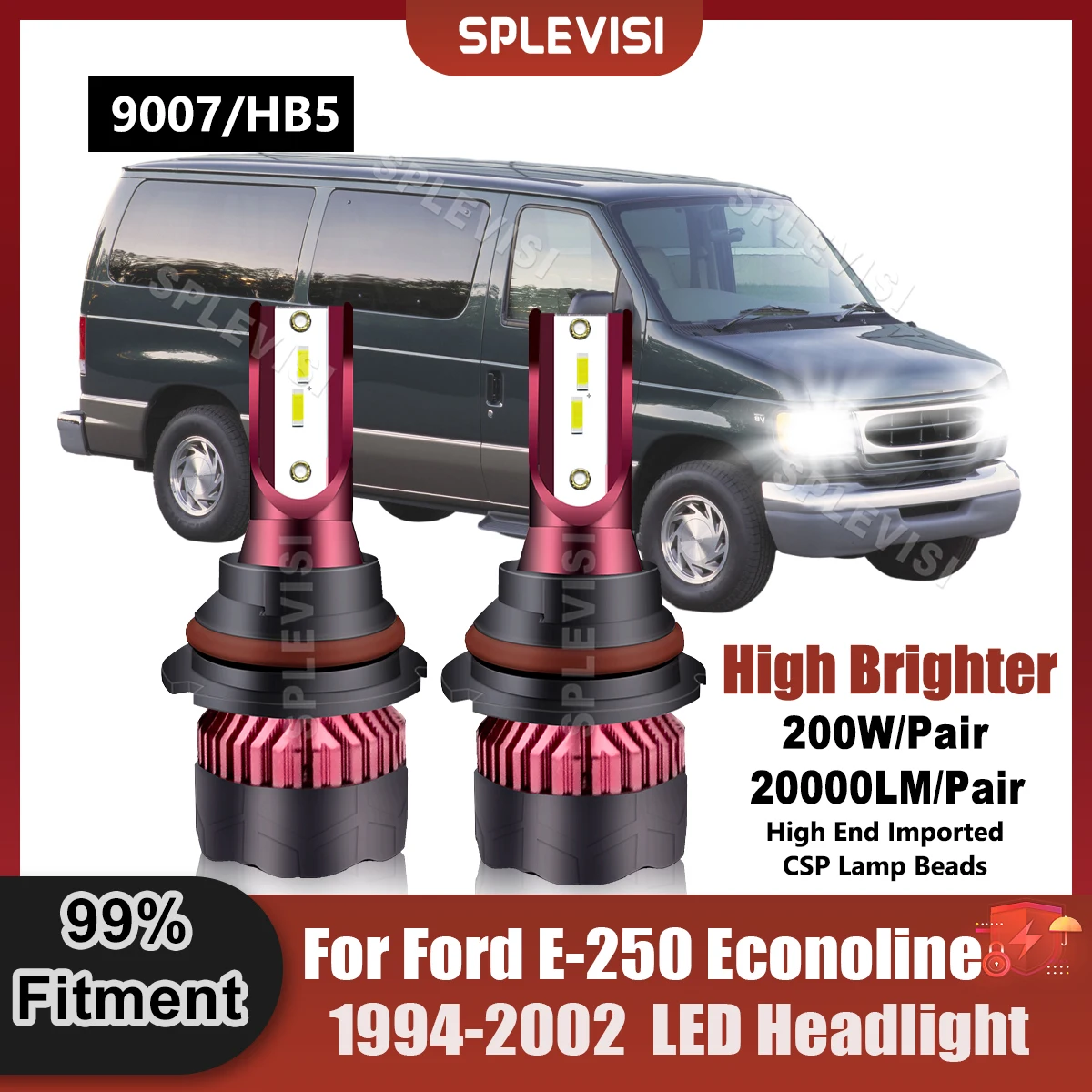 SPLEVISI 9007/HB5 LED Headlight Bulbs For Ford E-250 Econoline 1994 1995 1996 1997 1998 1999 2000 2001 2002 Replace Car Lamp 2x 70w h4 9003 hb2 hs1 8000k ice blue led headlight bulbs for polaris trail boss 325 2000 2001 250 1988 1999 snowmobile