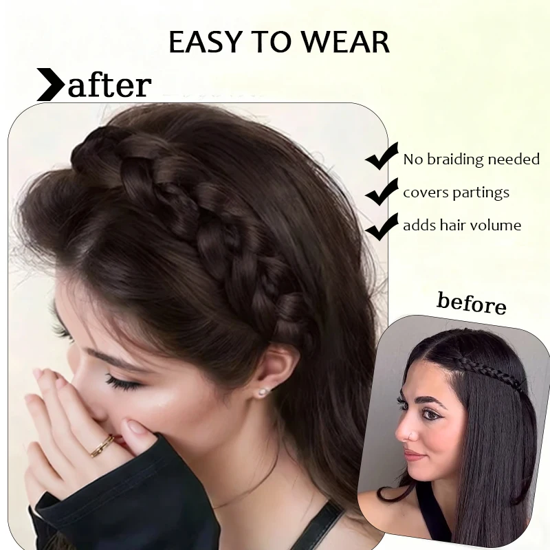 Synthetic Wig Braided Headband Adjustable Hoop Hairband with BB Clips&Velcro Fashion Hair Accessories Suitable for All Occasions