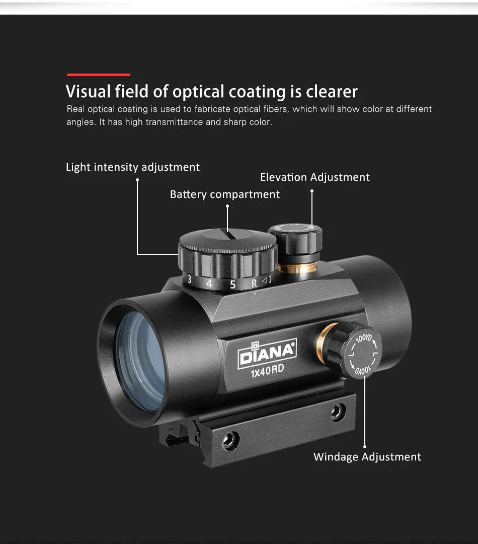 Description Picture 6 of itemDIANA 3X44 Green Red Dot Sight Scope 2X40 Red Dot 3X42 Tactical Optics Riflescope Fit 11/20mm Rail 1X40 Rifle Sight for Hunting