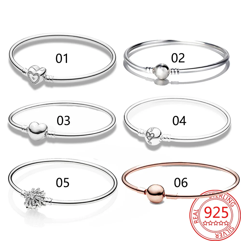 100% Real 925 Sterling Silver DIY Moment Classic Rose Gold Buckle Rigid Round & Heart-Shaped Bangle Birthday Bracelet Gift Women