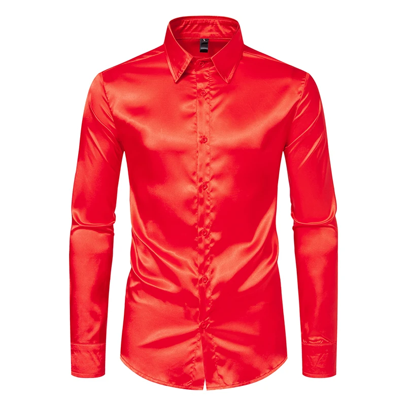 Men's Luxury Wedding Long Sleeve Dress Shirt Emulation Silk Gold Silver Black Purple Button Down Tuxedo Shirt Men USA S-2XL