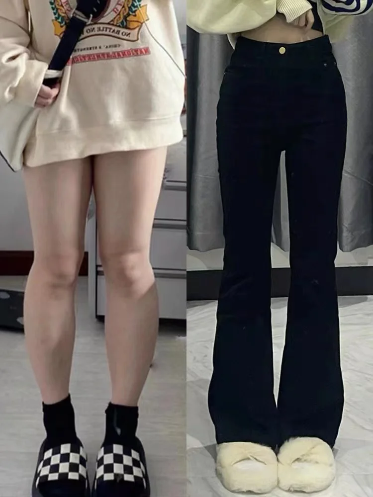 بنطلون جينز واسع الساق بخصر مرتفع للنساء مقاس كبير مرن يناسب الجسم على شكل كمثرى يُنحف الجسم مقاس صغير بنطلون دينيم أسود كاجو...