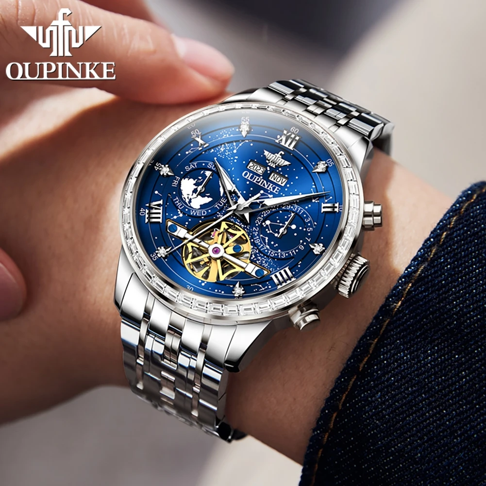 OUPINKE Original Luxury Automatic Watch for Men Starry Sky Stainless Steel Waterproof Sapphire Crystal Diamond Wristwatch Male