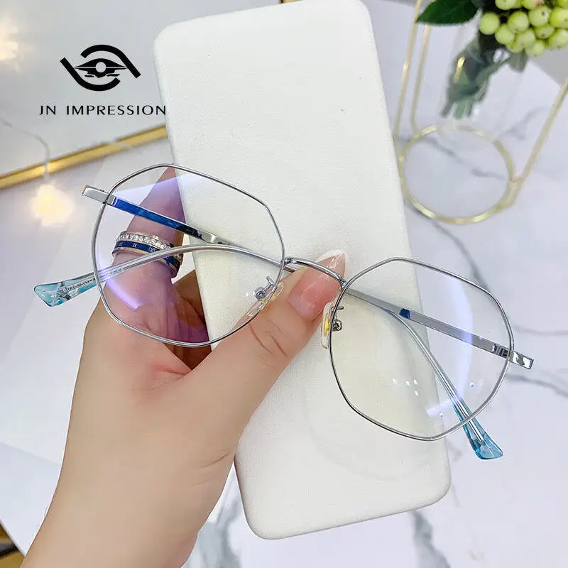 

JN IMPRESSION Polygonal Anti-blue Light Glasses Women's Fashion Octagonal Metal Frame Minus Finished Myopia Glasses 0°-minus600