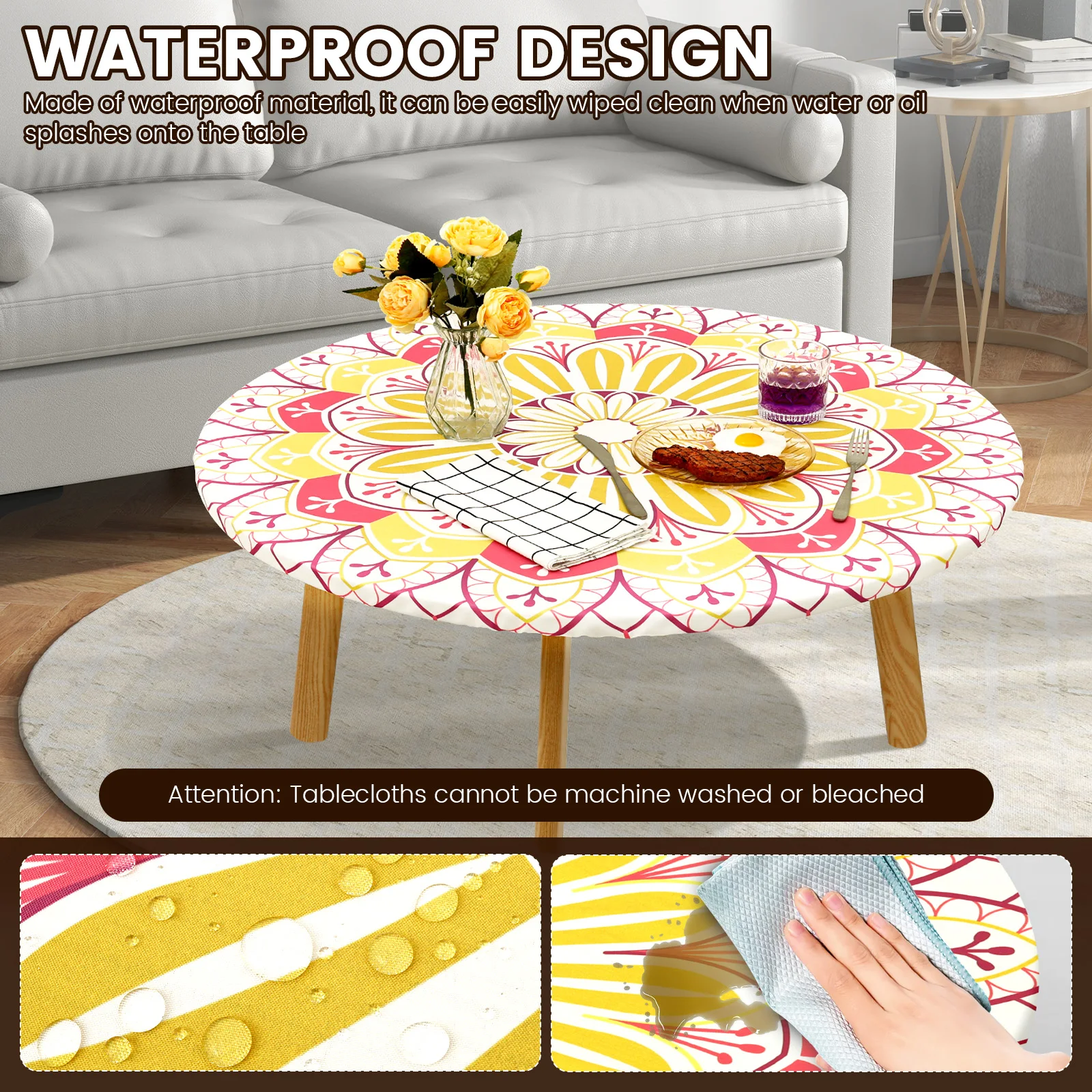 Round Tablecloth Polyester Waterproof Table Cloth with Elastic Band Decorative Printing Tablecloth for Dining Table Protection