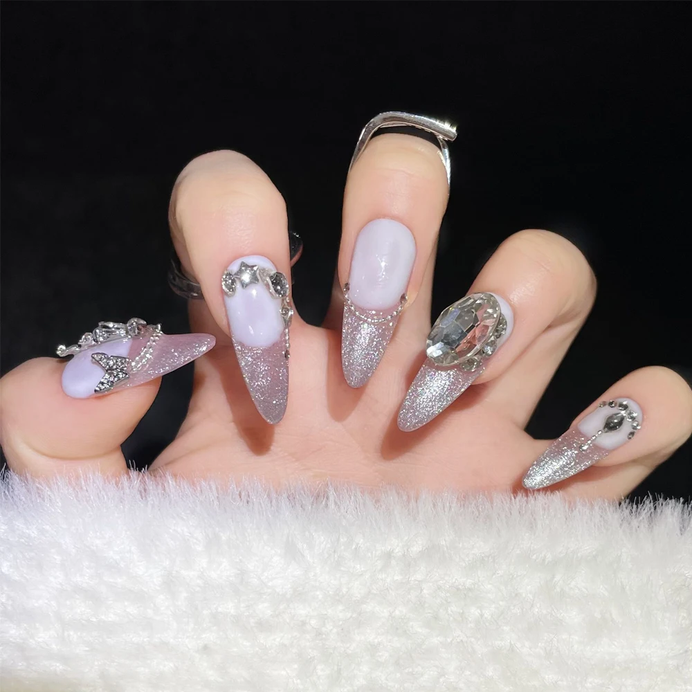 10 Pcs Pink Fake Nails Butterfly Diamond Decor Luxury Sparkling Almond Cat Eye Handmade Press On Nails French Tip Full Cover