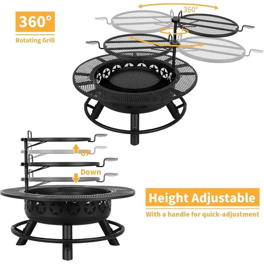 35 Inch Fire Pit with Cooking Grate & Charcoal Pan, Outdoor Wood Burning BBQ Grill Firepit Bowl with Cover Lid,Steel Round