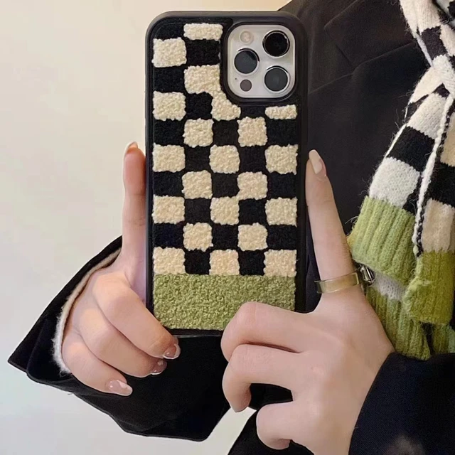 Checkerboard Embroidery Fluffy Plush Phone Case for IPhone 13 12 11 Pro Max  X XR XS Max 7 8 Plus Fuzzy Wool Fabrics Cover - AliExpress