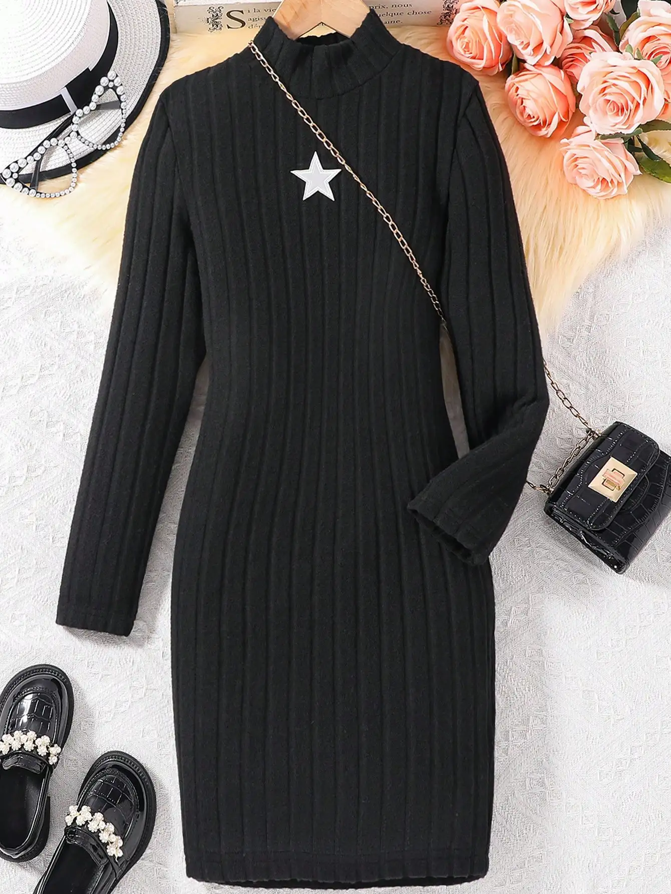 소녀 캐주얼 우아한 스타 그래픽 찢어진 하이넥 슬림 랩스커트, 야외 선물 파티, 용수철 가을 