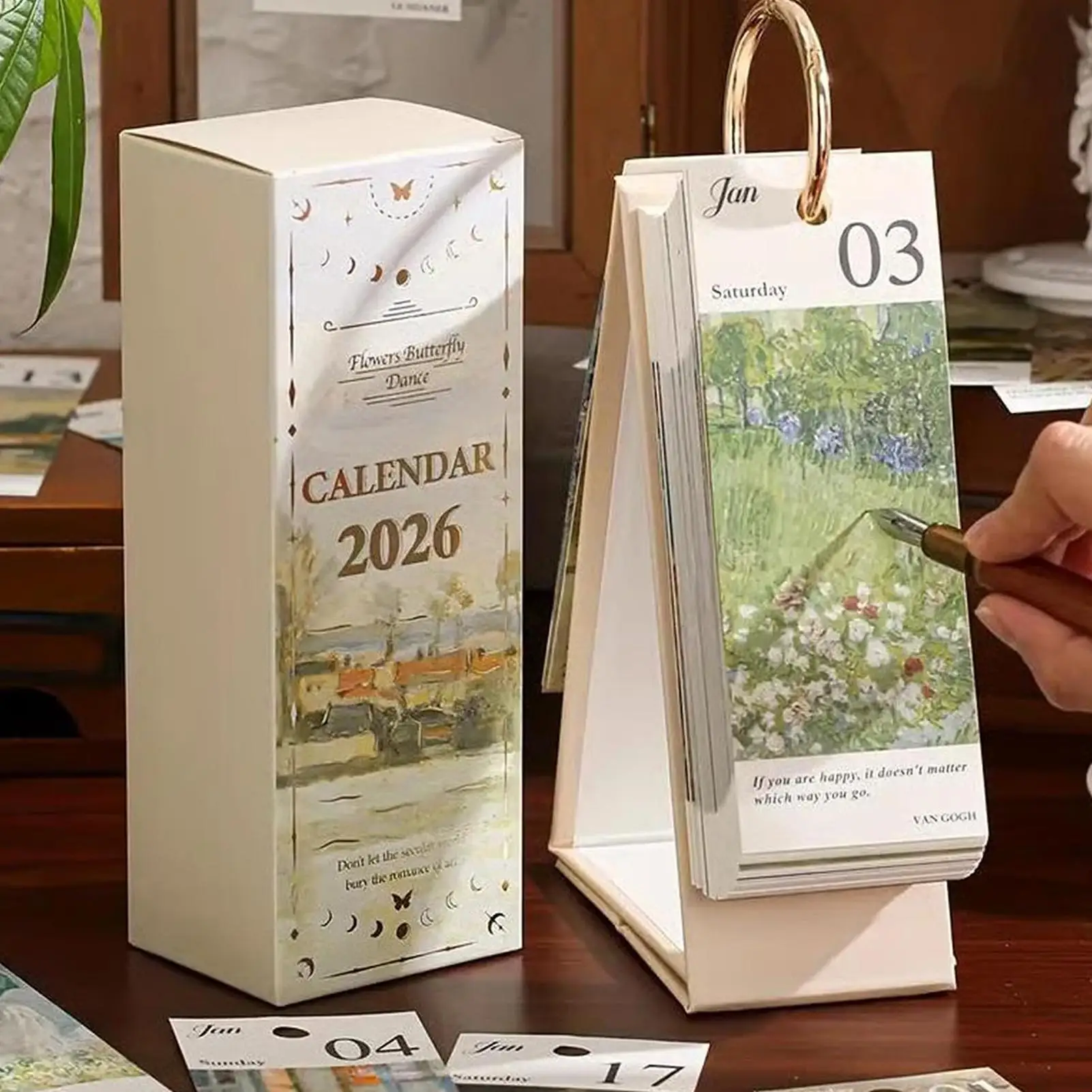 2026 Desk Calendar With Gold Ring Binding 365 Days Vintage Oil Painting Inspirational Quotes One-Way Page Turn Daily Planner