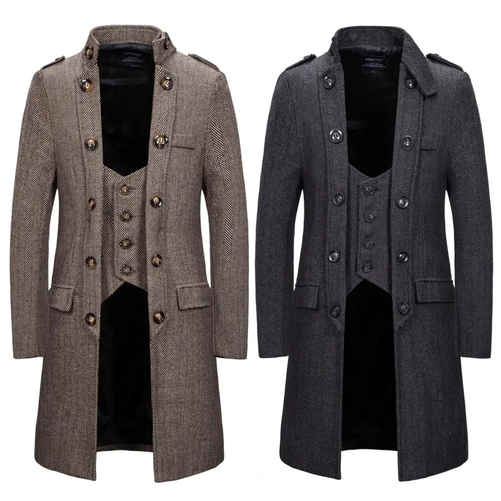 Men Outwear Coat Stand Collar Dressing Washable Fake Two Piece Patchwork Trench Coat Popular