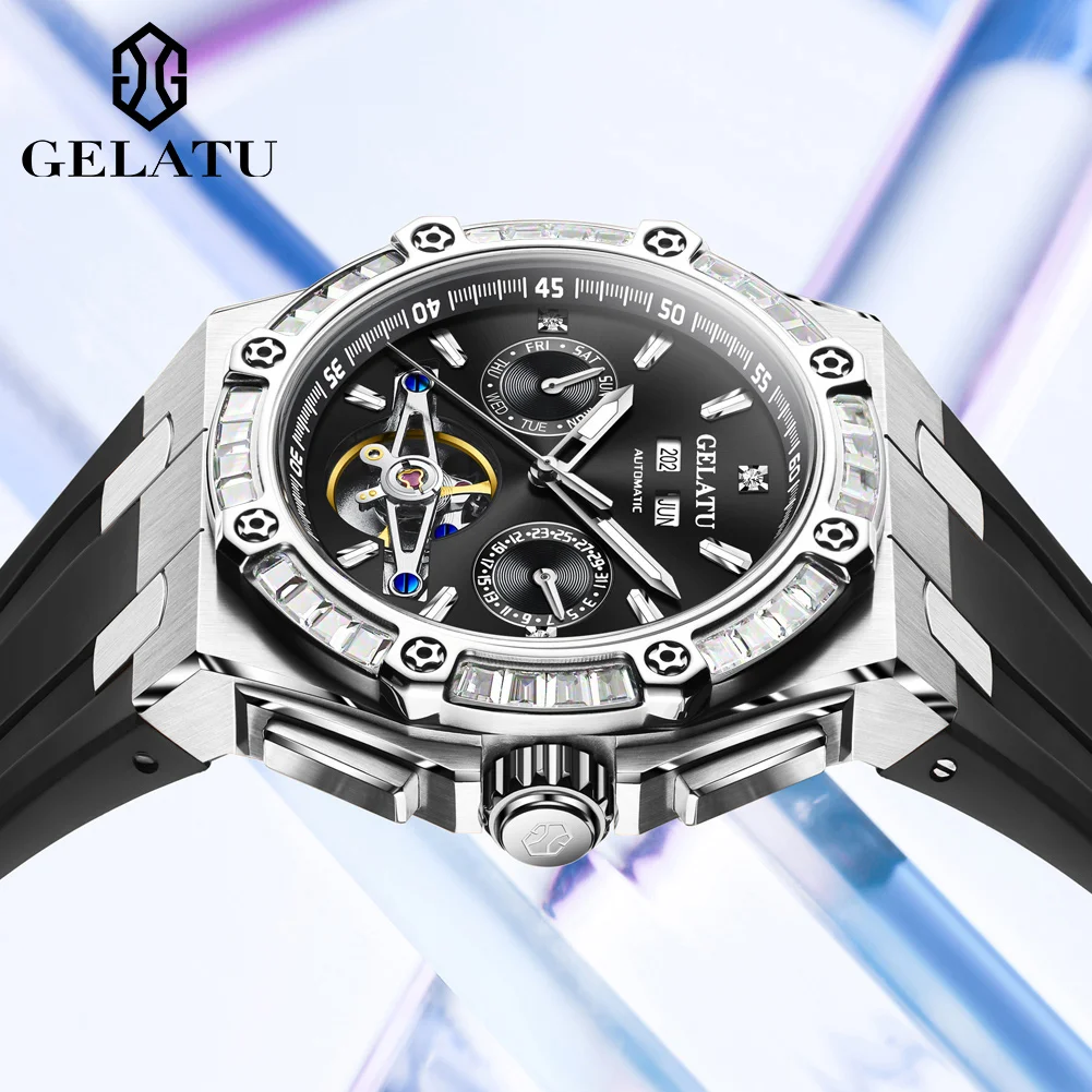 GELATU 6022 Men's Watch Big Dial Hollow Skeleton Mechanical Watch For Men Date Fashion Automatic Wristwatch 50M Deep Waterproof