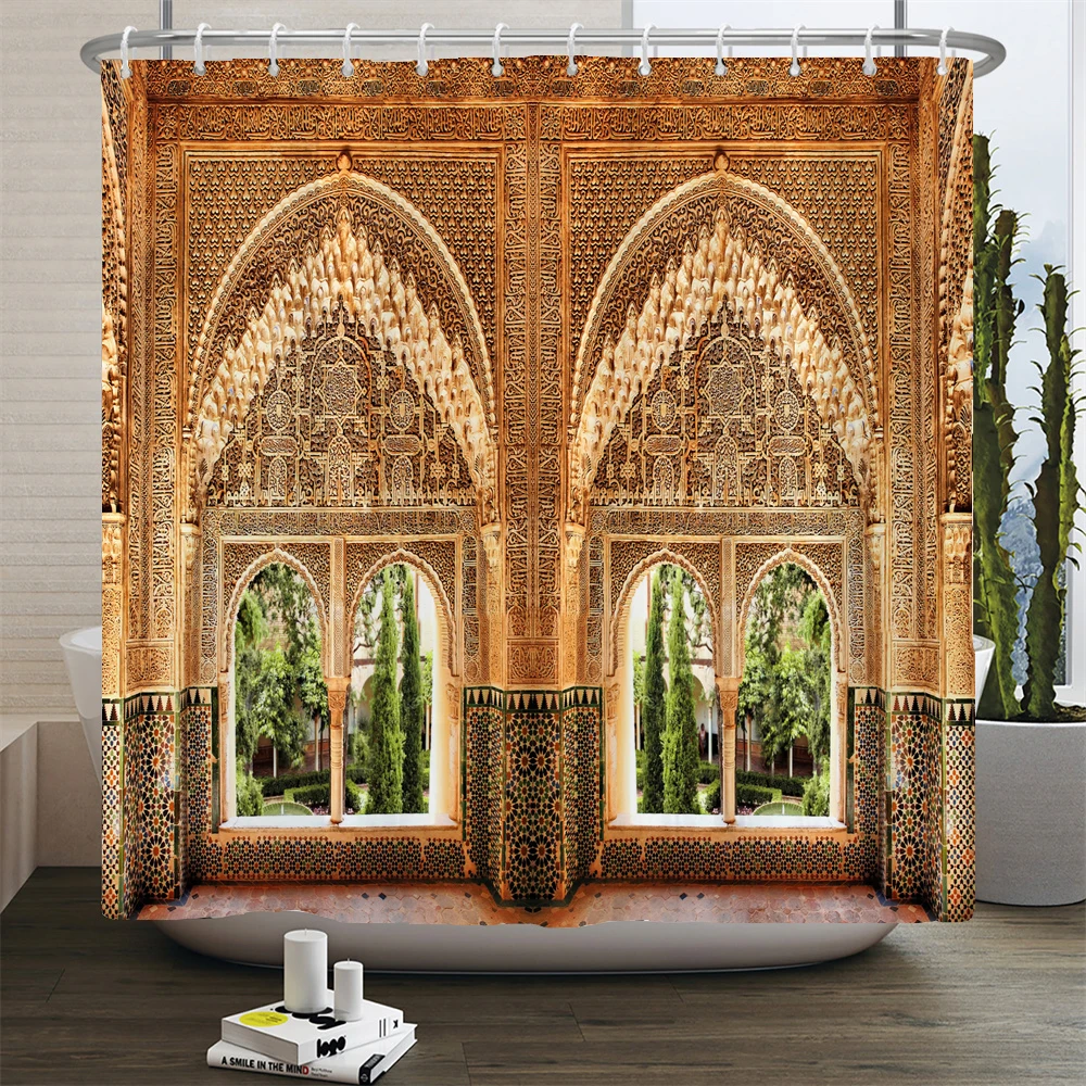 Rideau de douche de style marocain 3d, rideau de salle de bains en Polyester imperméable imprimé de paysage Architectural européen avec crochets