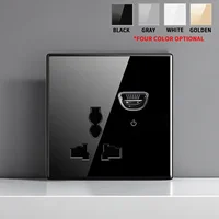 European British French Standard Tempered Glass Switch Socket with Indicator Light , Self-Reset 1 2 3 4 Gang Wall Panel Outlets 6