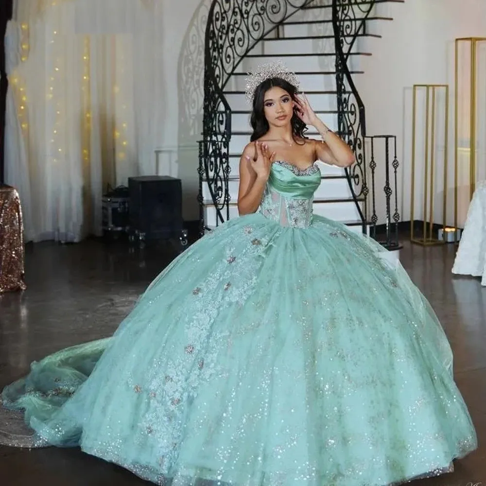 

Mint Green Puffy Charro Quinceanera Dresses Ball Gown Sweetheart Tulle Appliques Mexican Sweet 16 Dresses 15 Anos