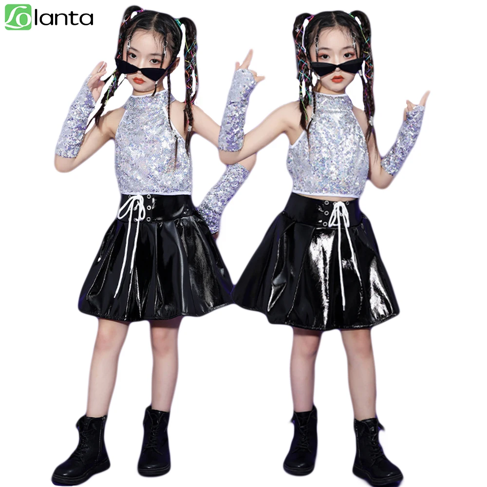 

LOlanta Sequin Dance Costume for Kids Girl Vest Top with Cuff Black Leather Skirt Glitter Outfit Hip-hop Jazz Street Clothes