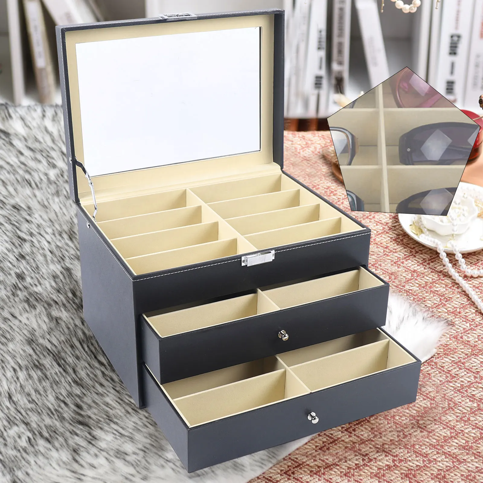 

24 Piece Large Eyeglass Sunglasses Three Level Glasses Display Case with Drawer Storage