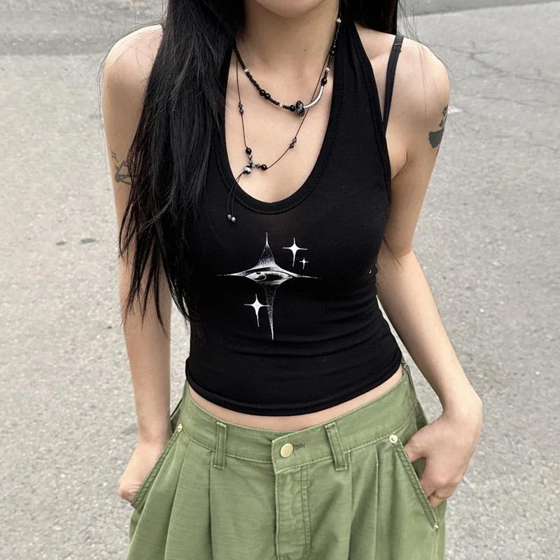 Y2K devil eyes halter crop top detail