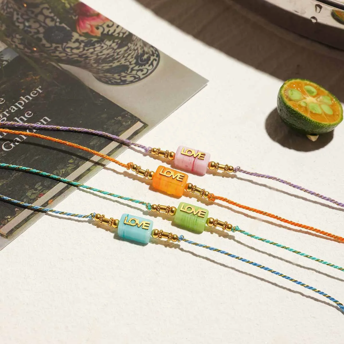 Colorful Rope Chain Clavicle Necklace Lettering 'LOVE' Square Natural Stone One Piece Choker Femal Delicate Summer Daily Jewelry