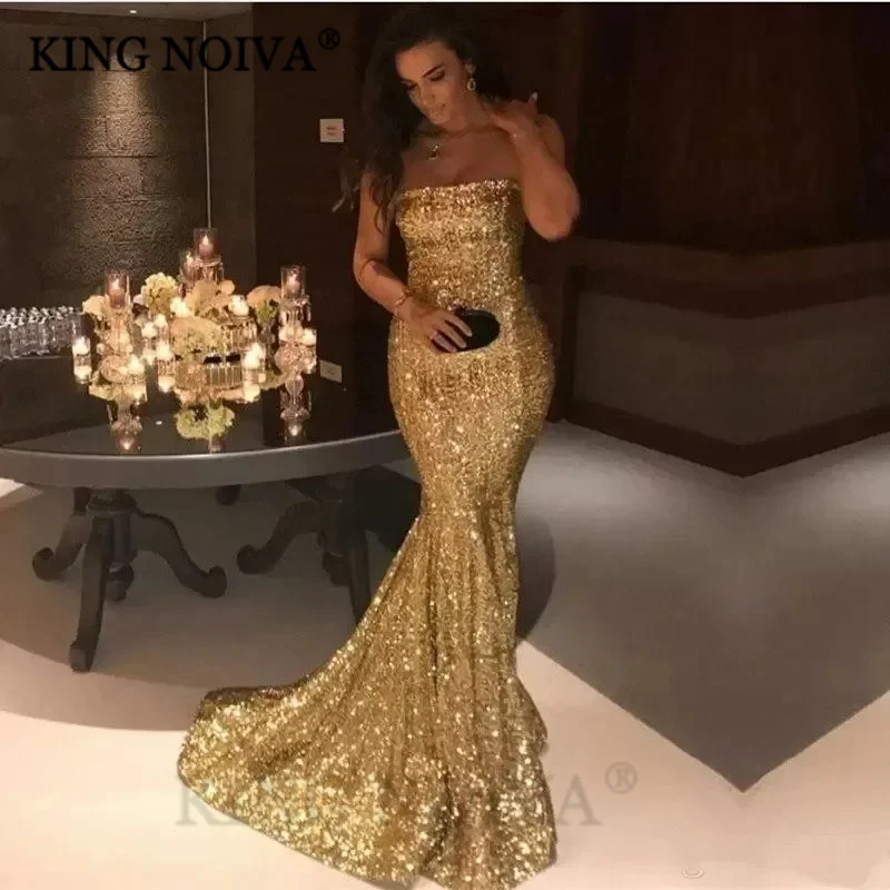 

KING Sparkling Strapless Mermaid Sequins Evening Dresses 2024 Sexy Sleeveless Floor Length Classic Prom Dress vestidos de noche