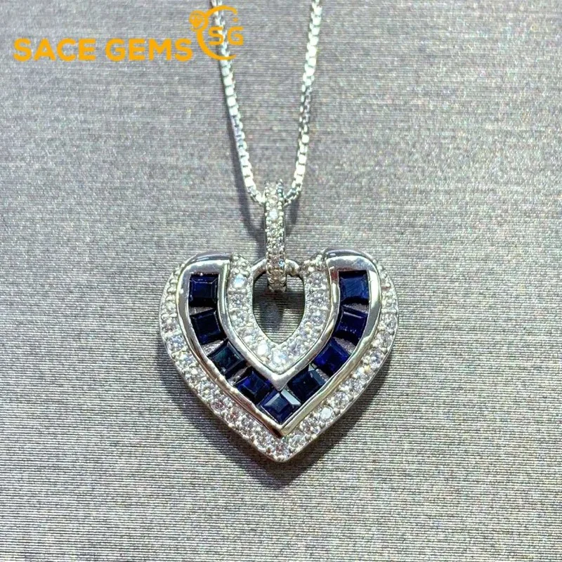 

SACE GEMS New S925 Sterling Silver 2MM*9 Natual Sapphire Pendant Necklaces for Womne Engagement Cocktail Party Fine Jewelry