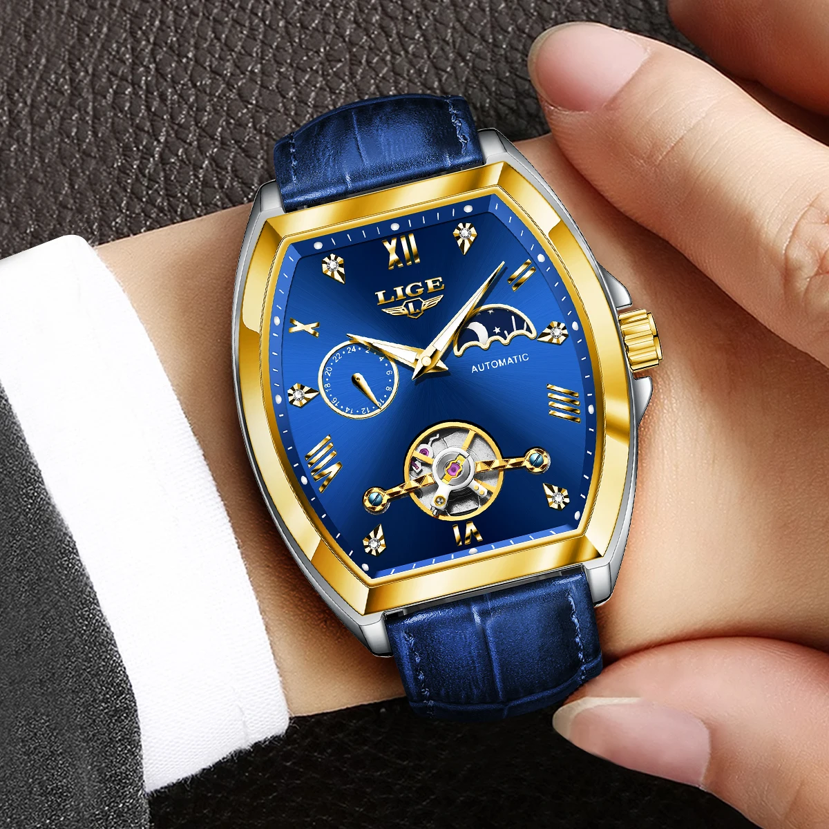 LIGE Luxury Mens Rectangular Dial Mechanical Watches Waterproof Leather Automatic Luminous Watch Business Men relogios masculino 5