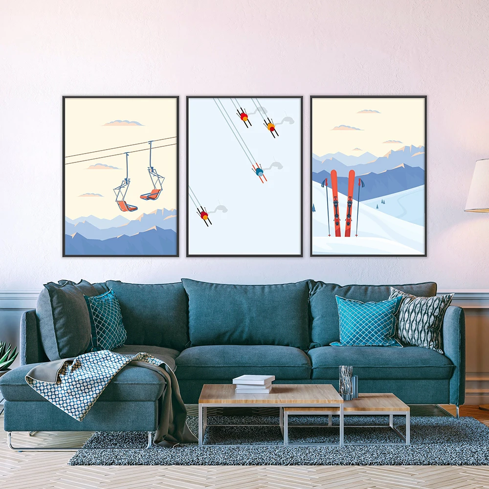 Winter Ski Print Snow Ski Poster Ski Lift Mountain Nordic Retro Ski Snow Art Canvas Painting Ski Wall Living Room Home Decor