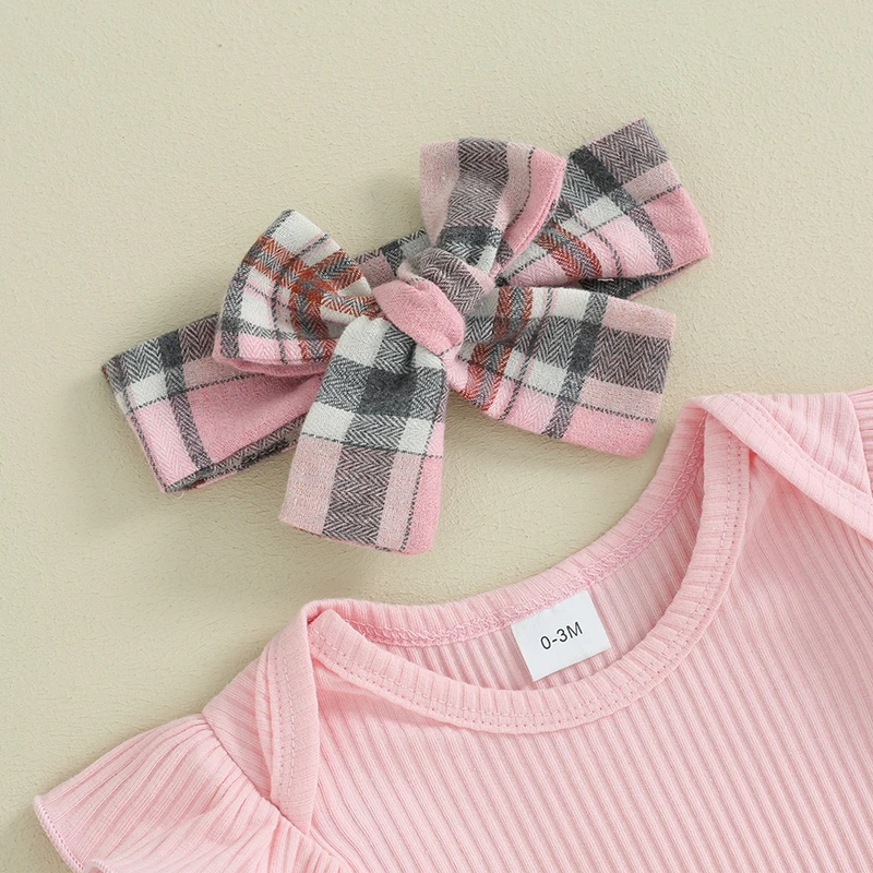 

Baby Girls Summer Outfits Solid Color Rib Knit Short Sleeve Rompers Plaid Suspender Skirts Headband 3Pcs Clothes Set