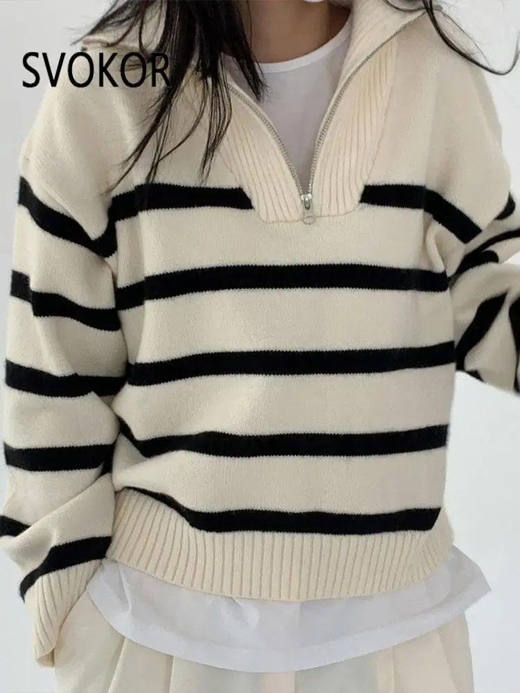 

SVOKOR Women Striped Sweater High Collar Contrasting Color Zipper Pullover Winter Warm Wear Loose Top Fashion Casual Streetwear