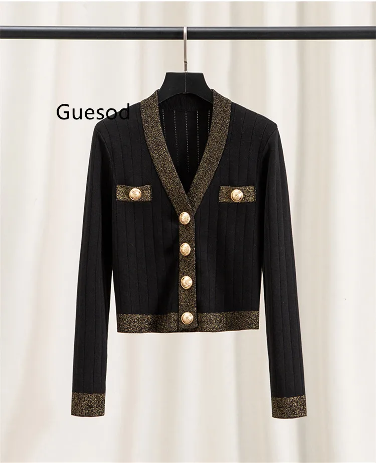 

Women Sweater American Elegant Ladies Shiny Tread V-Neck Cardigan Knitting Shirt Outerwear Female Long Sleeve Spring Autumn New